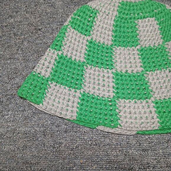 Womens hand made bucket hat emerald green crochet knit check plaid gray main image 9